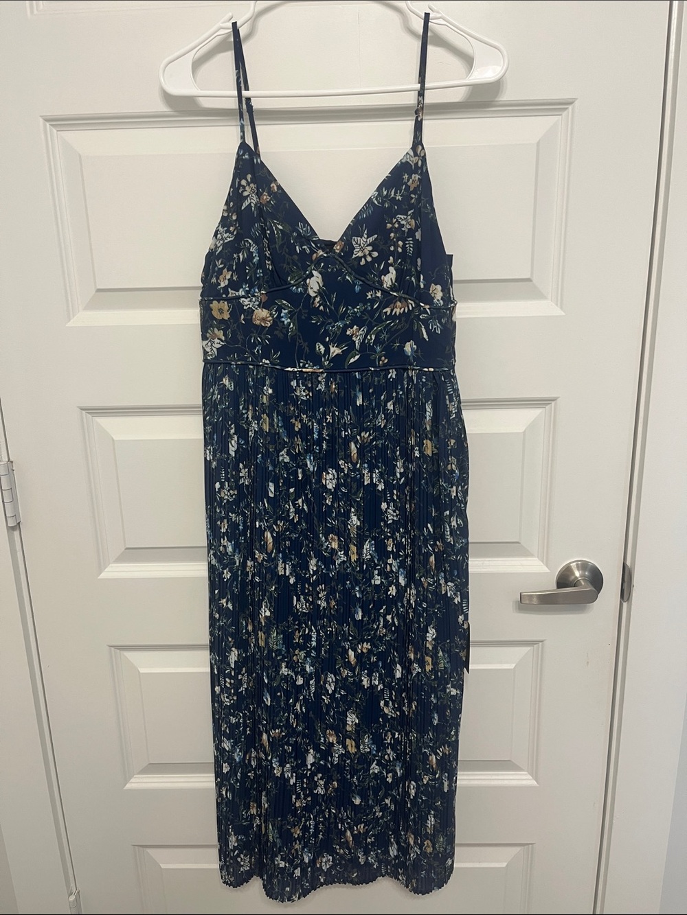 Floral Pleated Midi Slip Dress in Navy